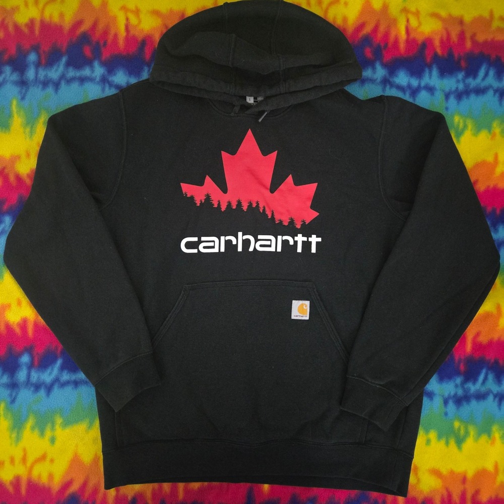 Carhartt Mens Loose Fit Hoodie Black Red Maple Leaf Forest Graphic Large